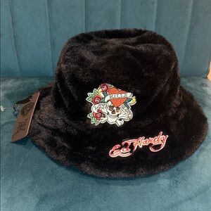 Ed Hardy Black Faux Fur Hat with Skull and Rose NWT